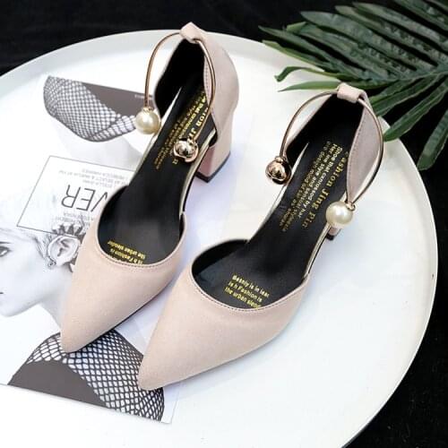 Spring New Korean Wild Suede Point Toe Square Heel Female Single Shoes Sweet Comfort Womens Pumps Temperament Elegant High Heels