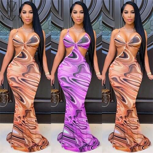 VAZN 2021 Top Quality Hollow Out Beach Europe And America Long Dress Spaghetti Strap Women Mermaid High Waist Maxi Dress