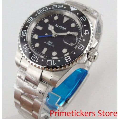 40mm Bliger black dial ceramic bezel GMT sapphire glass automatic mens watch