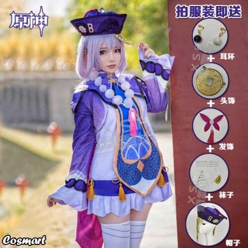 Anime Genshin Impact Qiqi Zombies Freeze Back Into The Night Game Suit Purple Lovely Dress Cosplay Costume Halloween Party