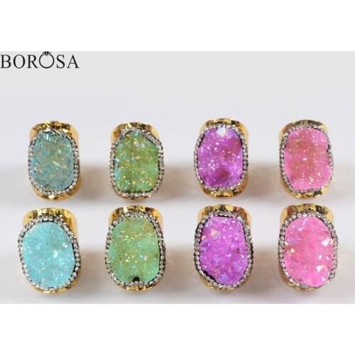 BOROSA 5Pcs Gold Plating Natural Agates Druzy Band Ring Rhinestone Paved Rainbow Electroplated Drusy Rings Women Jewelry JAB964