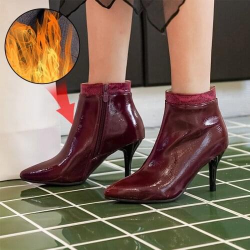Plus Size 34-48 Fashion Women Boots Casual Leather Thin Heels Shoes Woman Pointed Toe Rubber Ankle Boots Black Red Zapatos Mujer