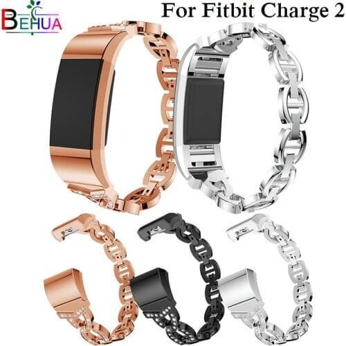 Crystal Stainless Steel Watch Band Wrist strap Smart Wristband Bracelet Wearable Belt Strap with Rhinestone For Fitbit charge 2