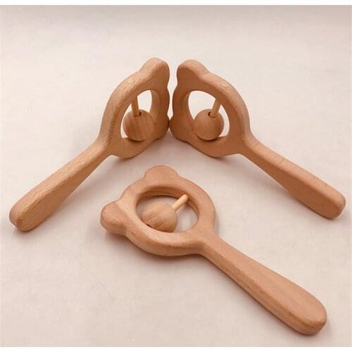 Baby Toys Wooden Rattle Beech Bear Hand Teething Wooden Ring Can Chew Beads Baby Rattles Play Gym Montessori Stroller Toys