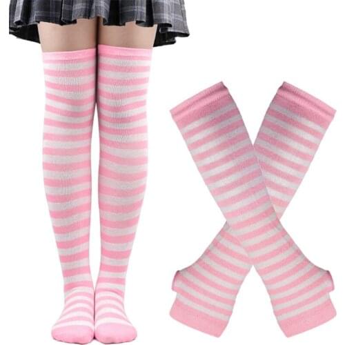 Long Fingerless Gloves Multicolor Striped Arm Warmers with Thumb Hole Sleeve High Socks Set Elbow Length