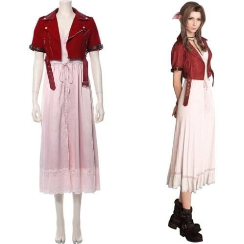 FF 7 Aerith Gainsborough Cosplay Costume Fantasy Women Girl Sexy Pink Dress Jacket Halloween Christmas Party Suit