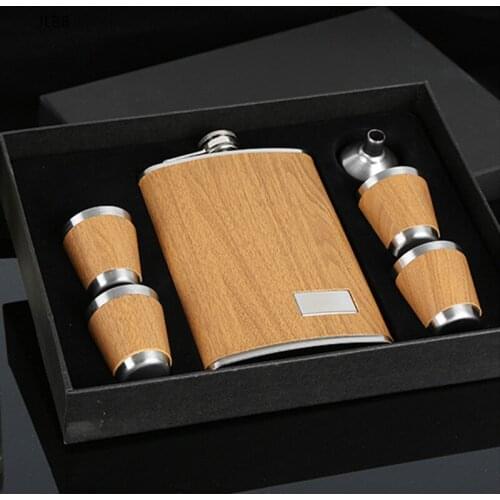 9 oz Wooden Hip Flask Set With 1 Funnel and 4 Cups Whiskey Wine Stainless Steel Flagon Bottle Travel Drinkware For Gifts