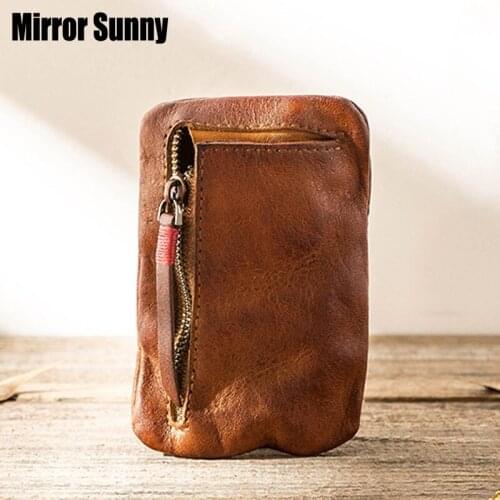 Genuine Leather Handmade Brushed Coin Purse Mens Retro Top Cow Leather Drivers License Bag Lady Casure Ultra Thin Zipper Bag