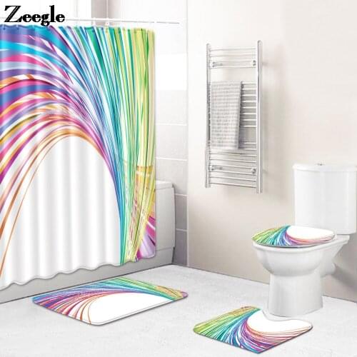 Color Stripe Printing Shower Cartain and Bathroom Carpet Rug Fannel Bath Mat Absorbent Toilet Mat Non-slip Foot Mat for Bathroom