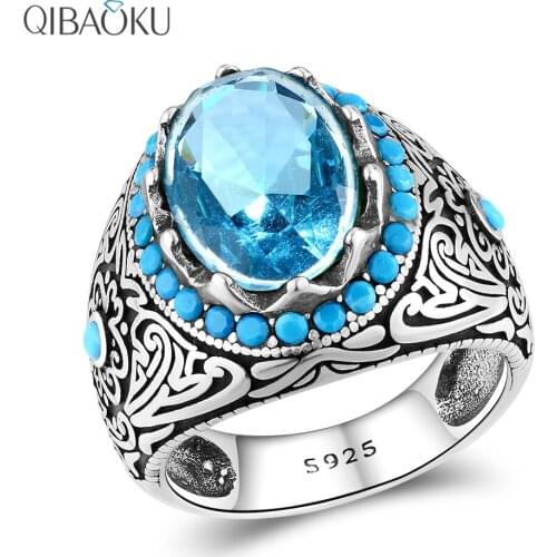 Silver Ring for Men with Oval Blue Zircon Stone Ring Aquamarine Gemstone Jewelry Male Thai Silver Turkish Jewelry