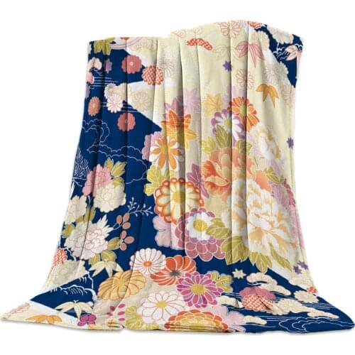 Japanese Pattern Flower Printed Soft Fleece Blankets Warm Sofa Bed Sheets