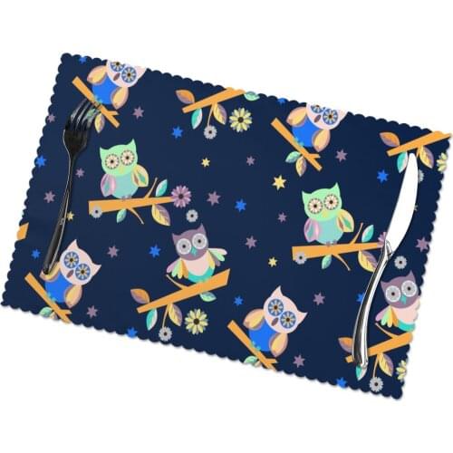 Set of 6 Cute Owl On Branch Blue Print Placemats for Dining Table Place Mat in Kitchen Accessories Cup Wine Mat
