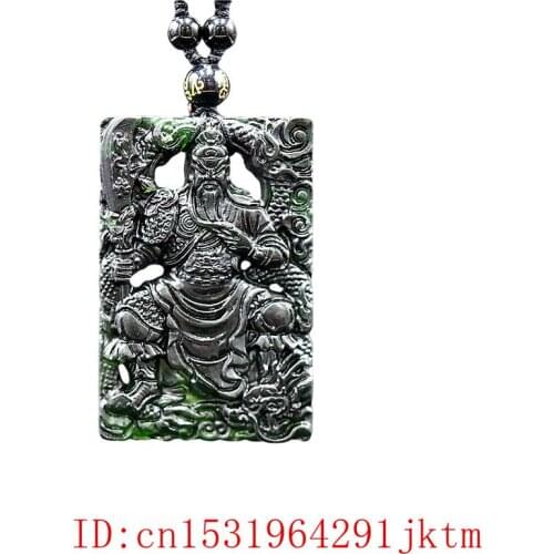 Jade Guangong Pendant Necklace Gifts Black Green Jewellery Amulet Chinese Carved Charm Fashion Natural