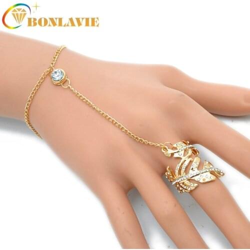 2020 New Gorgeous Rhinestone Bracelet Bangle Connected Finger Ring Gold Silver Color Bangle Link Chain Jewelry Pulseras Mujer