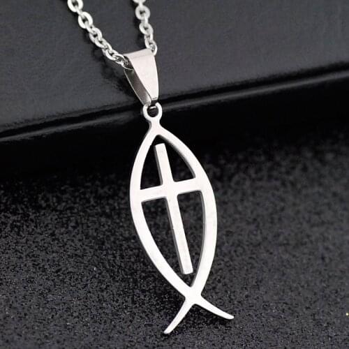 New Stainless Steel Cross Jesus Fish Pendant Necklace Christian Sign Necklace Jewelry For Women Men