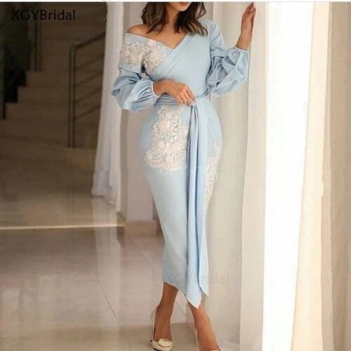 New V-Neck Appliques Evening Dresses Sky Blue Muslim Sheath Long Sleeves Tea Length Dubai Saudi Arabic Long Formal Evening Gown