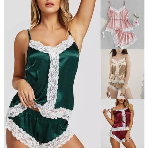 2Pcs Sexy Pajama Set Women Sexy Lace Patchwork Adjustable Spaghetti Strap Top Hot Shorts Pajama Women Sleepwear Femme Pijamas