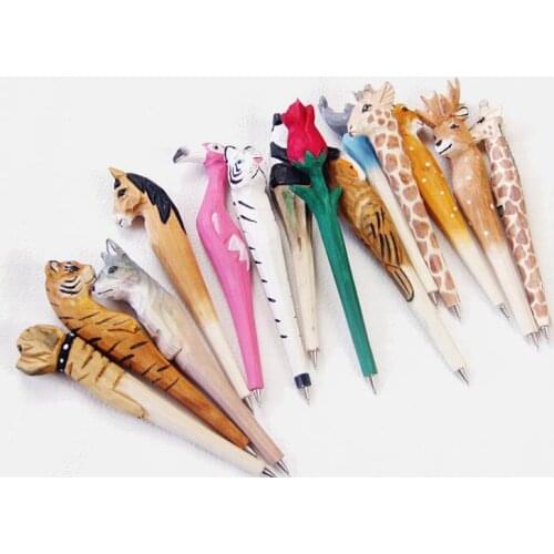 Handmade Animal carved wood pen Cute creative Wood Writing Pen Ball Point Wooden Novelty Gift School Stationary Ballpoint