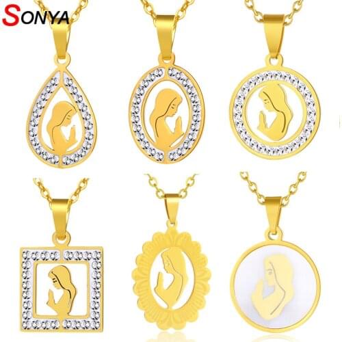 SONYA Trendy Virgin Mary Pendant & Necklace for Women 316L Stainless Steel Gold color Praying Hands Necklaces Jewelry Bijoux