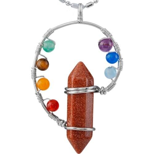 SUNYIK Gold Sand Stone Hexagonal Point Pendant,7 Bead Chakra Healing Charm,For Necklace (Free Chain)