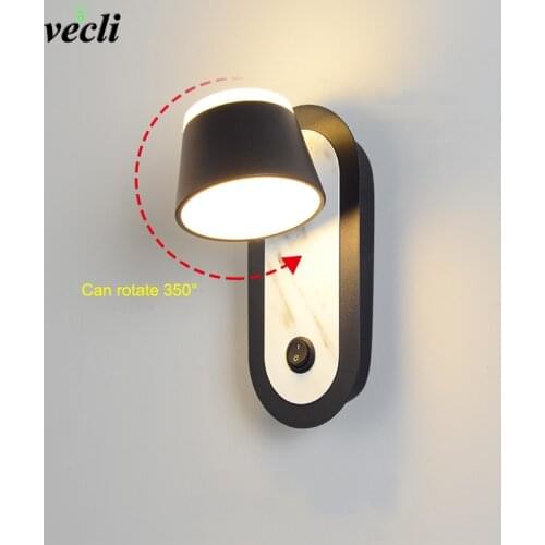 Led indoor wall lamps rotation whit switch lampada for Living Room Bedroom Bedside 7W black white Aisle Sconce Lights decoration