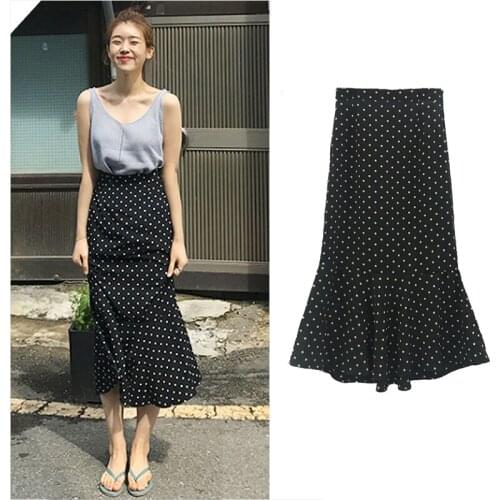 2021 Autumn Skirt Long Fishtail Skirt Women Black Polka Dot Korean Design High Waist Black Skirt Elegant Office Ladies Skirt
