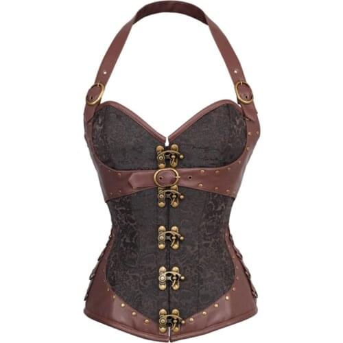 Womens Gothic Steampunk Corset Halter Brown Steel Boned Vintage Sexy Underbust Corsets Leather Gather Waist Slim Corset Top