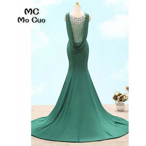 2018 Teal Mermaid Prom dresses Long with Crystals Beaded dress for graduation Elastic Satin Formal Evening Party Dress for Women