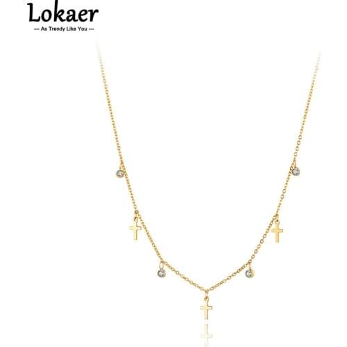 Lokaer Fashion Titanium Stainless Steel CZ Crystal Cross Charm Pendant Necklaces Jewelry Bohemia Party Necklace For Women N21155