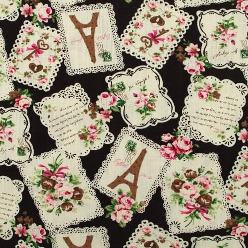 1 yard Ripstop Cotton Linen Fabric for sewing pathwork, bedding, hadmaking, Rose and tower on black background (width=135cm)