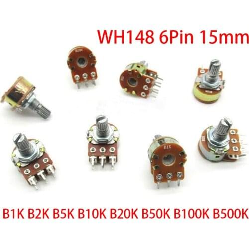 30pcs B1K B2K B5K B10K B20K B50K B100K B500K 15mm 6Pin Shaft WH148 Amplifier Dual Stereo Potentiometer