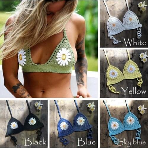 9 Color Sexy Bikini Womens Halter Neck Crop Top V Knit Crochet Flower Cami Summer Fashion Bikini Lace Crochet Hollow Out Bra