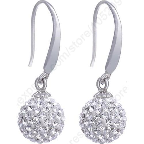 Fast Shipping One Pair 12MM Austrian Crystal Clay Disco Beads Drop 925 Sterling Silver Jewelry Pinch Earrings Woman Gift