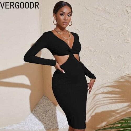 Autumn/winter Vestido Feminino Sexy Hollow Slit Wrap Chest Long-sleeved Dress Mid-length Bandage Dresses Bodycon Dress