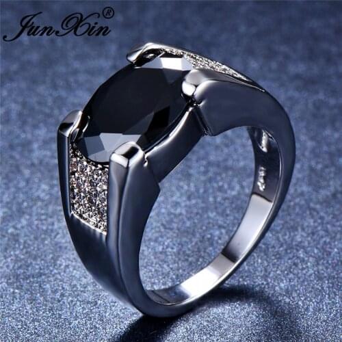 JUNXIN Oval Black Stone Female Male Ring With Zircon Silver Color White Gold Big Rings For Men Women Crystal Wedding Couple Ring