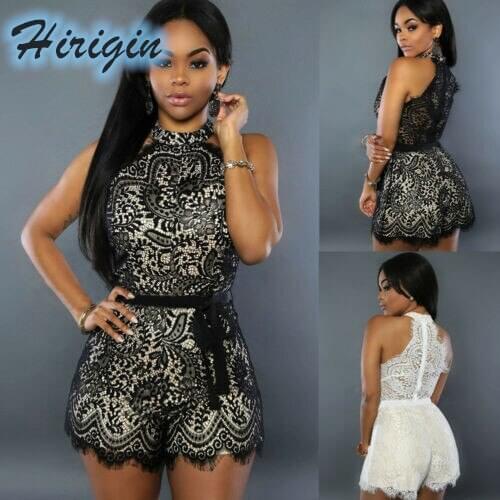 Summer Playsuits Hot Womens Summer Sexy Sleeveless Turtleneck Lace Hollow Out Playsuits Slim Lace Up High Waist Playsuits