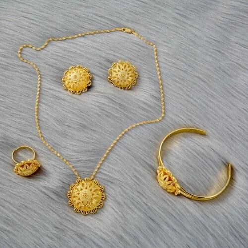 Dubai Women Wedding Jewelry Sets Dubai Gold Pendant Chain Earrings Ring for Women Ethiopian Eritrea Africa Habesha Bridal Gifts