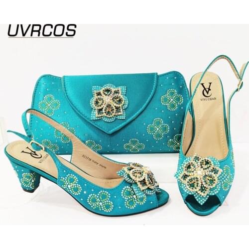 New Arrival African Ladies Shoes and Bags Matching Set Decorated with Frower Green Color Nigerian Shoes and Bag Set for Party