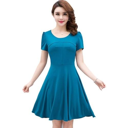New summer womens dresses female sexy Korean self-cultivation large size solid color medium long short-sleeved dress female