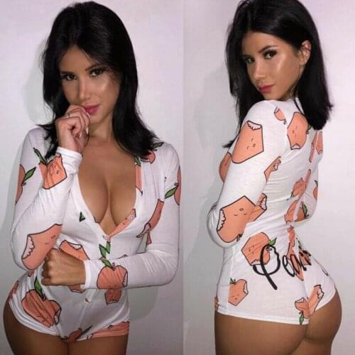 New Women V Neck Printed Playsuit Button Deep V Neck Bodycon Sexy Long Sleeve Bodysuit Tie Stretch Leotard Jumpsuit Romper