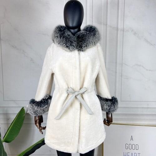 Wool Jacket Winter Sheep Fur Coat Women Silver Fox Fur Overcoat With Belt Fashion Warm Adjustable Elastic Waist