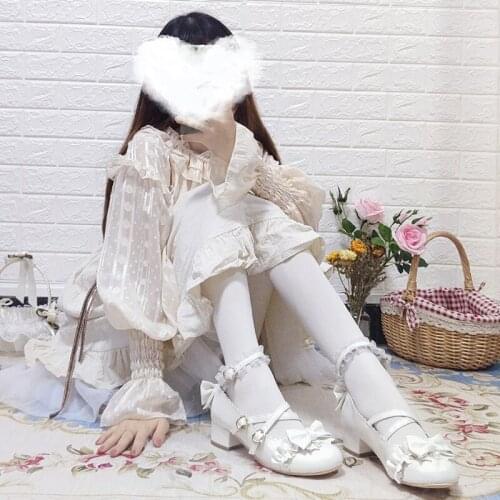 Lolita shoes sweet princess daily japanese high heel vintage lace bowknot bandage kawaii shoes cosplay loli women shoes