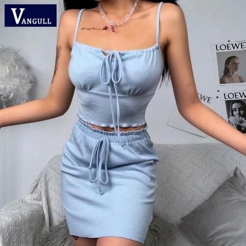 Vangull Cotton 2 Pieces Sets Women Crop Top and Skirt Slash Neck Spaghetti Strap Sleeve Cropped Ruffles Bandage Summer Sets