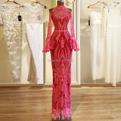 Gorgeous 2019 Rosy Perspective High-Neck Full-length Lace Tulle Formal Evening Dress Sheath/Column Sash Full Sleeves Sequined