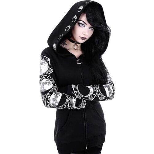 Autumn Hoodies And Sweatshirts Women Long Sleeve Vintage Print Zipper Coat Female Gothic Punk Black Hoodie Femme 2021