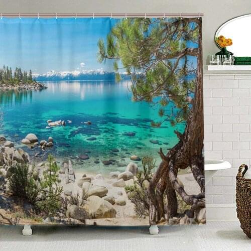 Turquoise Waters Of Lake Tahoe Shower Curtain Polyester Fabric Scenery Bath Curtain Landscape Curtain for Bathroom with 12 Hooks