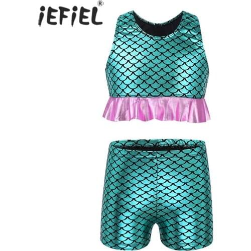 Kids Girls Mermaid Clothes Summer Fish Scales Printed Sleeveless Tanks Top Ballet Dance Gym Workout Vest with Bottoms Shorts