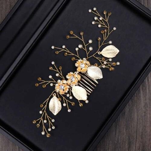 Golden Leaves Hair Combs For Bride Wedding Head Jewelry Pearl Bride Hair Combs Ladies Headdress Headbands Hair Accessories ML