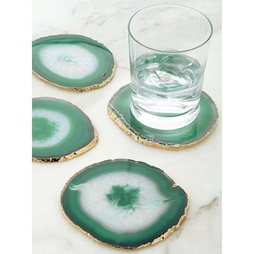 1pcs 60-80MM natural agate Geode piece insulated coasters crystal board jade agate coasters with gold-plated lace mineral trim