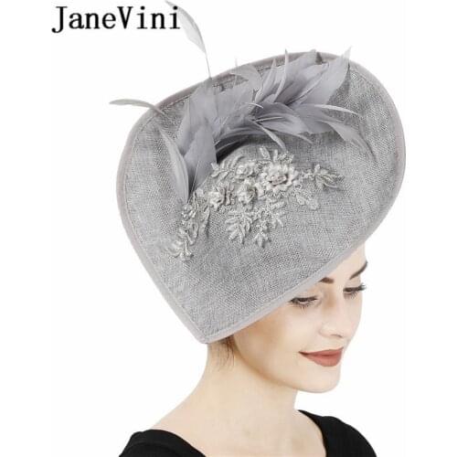JaneVini 2020 Elegant Gray Bridal Wedding Big Hat Fascinator Fancy Appliques Fashion Headpiece with Feathers Wedding Decoration